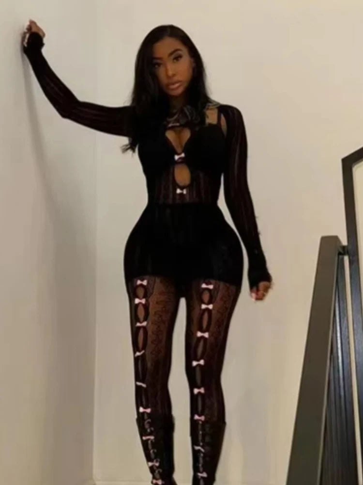 Weird Puss Sexy Butterfly Dress+Shawl Women Y2K Hollow Jacquard Coquette Autumn Trend Stretch Clubwear Long Sleeve Mini Bodycon