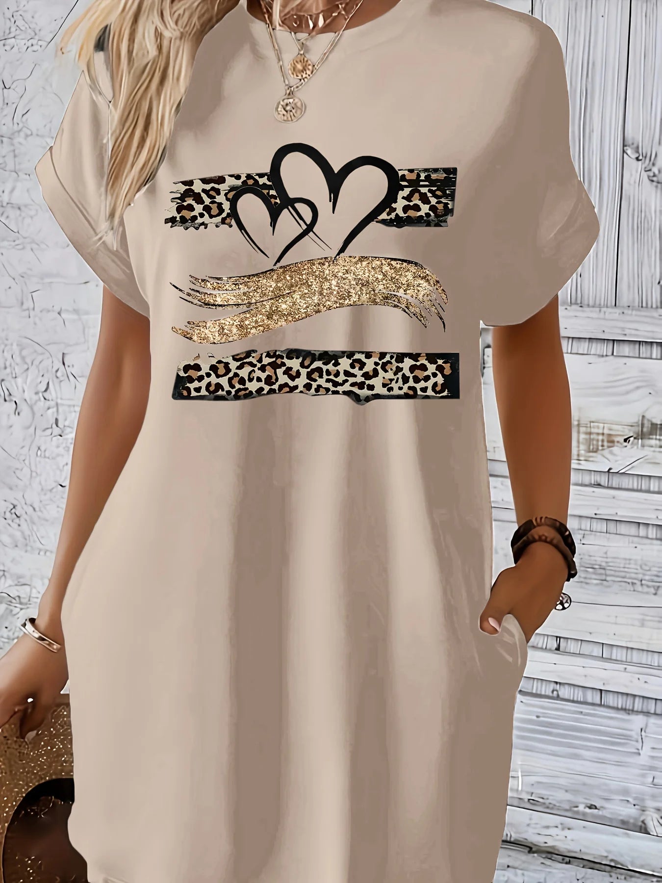 Women'S Casual Knit TShirt Dress with Heart Print Crew Neck Short Sleeve Fashionable Top Black with Colorful Flag Design