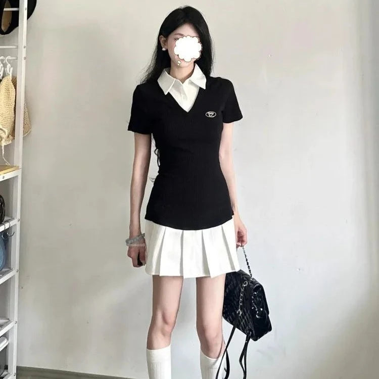 Women Polo Collar Pleated Mini Dresses Spring Autumn Vintage Preppy School Style Shirt Dresses Slim Fit Long Sleeve Korean Style