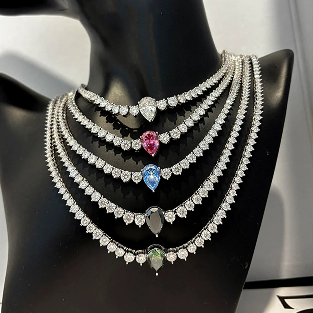 OEVAS 3-4.5mm Full Moissanite Tennis Necklace S925 Silver Lab Diamond Waterdrop Pendant For Women Party Fine Jewelry