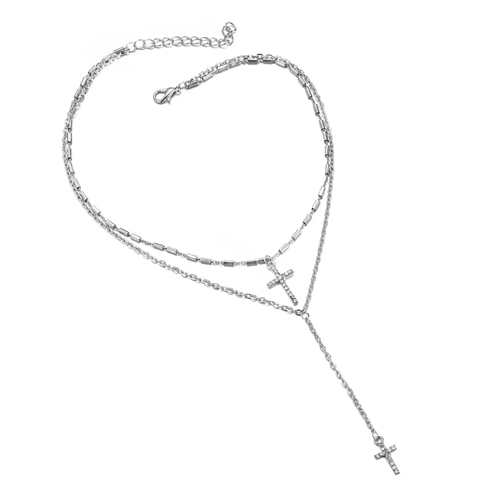 ファッションゴールドプレートクリスタルクロスネックレスペンダントボヘミアンダブルレイヤーネックレスカトリック宗教クリスチャンステートメントジュエリー