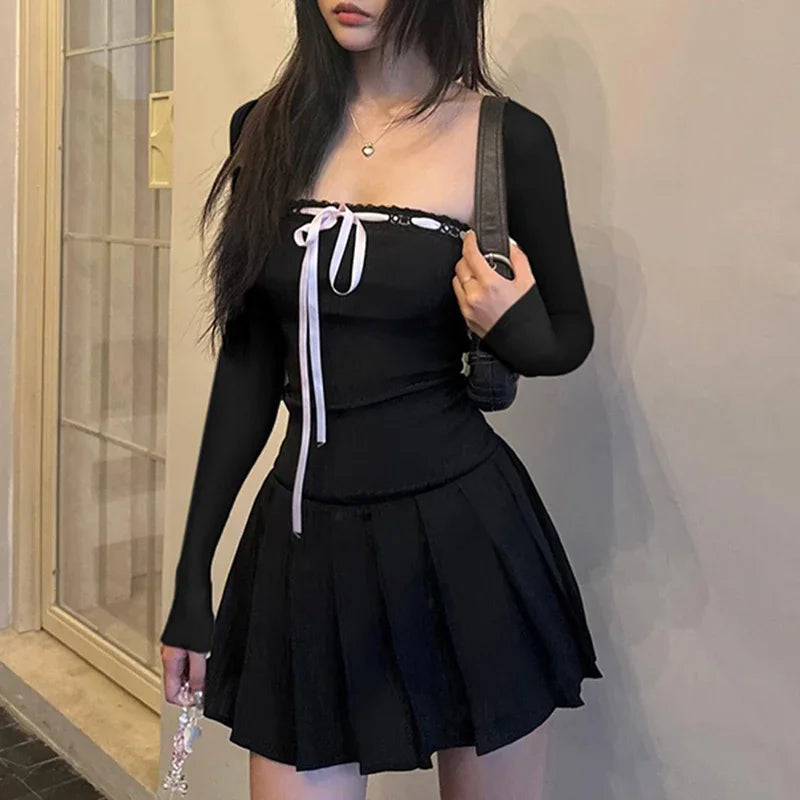 Black Lace Up Square Collar Dresses Fashion Women Balletcore Aesthetic Bodycon Long Sleeve Mini Dress Korean Style