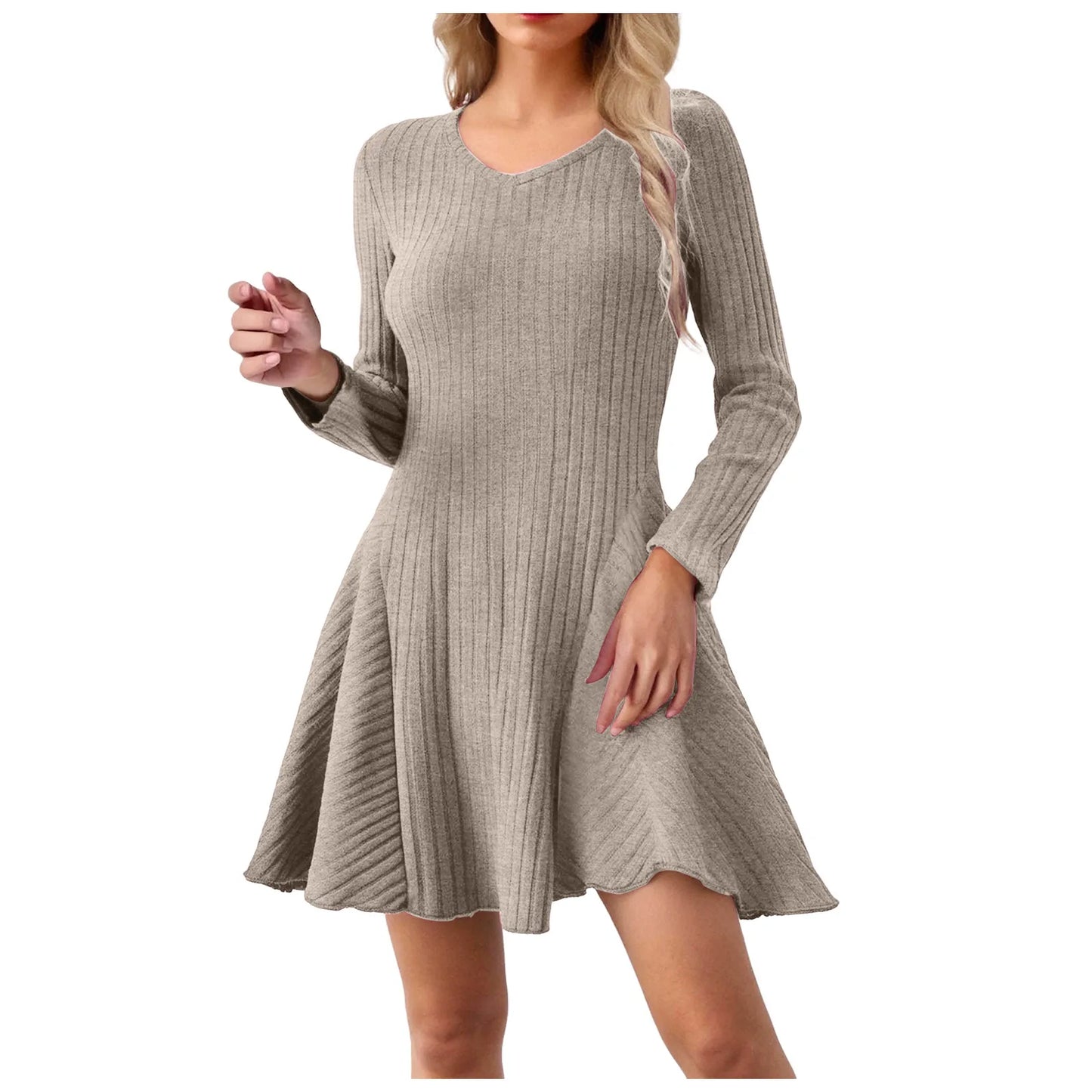 Knitted Mini Dresses Women V Neck Autumn Winter Solid Korean Fashion Vestidos Mujer Elegant Long Sleeve A-Line Women Dress 2025