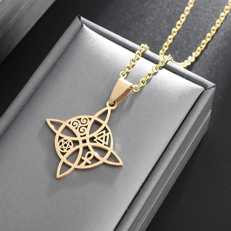 Witch Knot Necklace Stainless Steel Magic Knot Pagan Witchcraft Symbols Pendant Celtic Knot Necklace Jewelry Gifts for Women