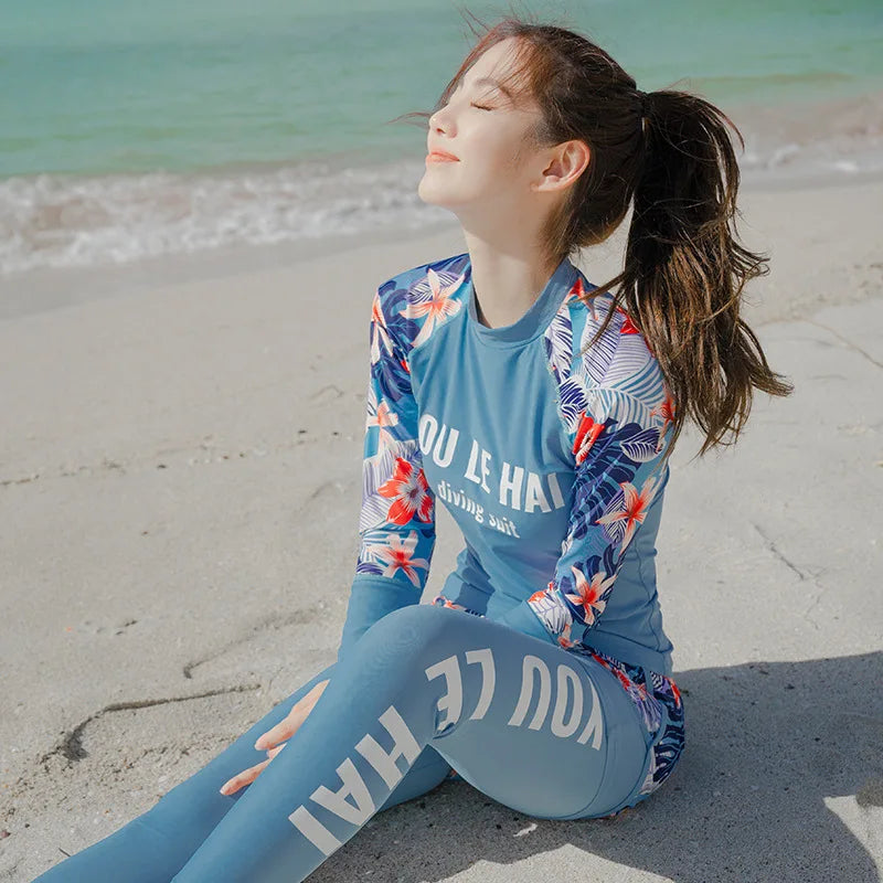 Women's 3pcs/set Printed Long Sleeve Rashguard UV Sun Protection Surf Shirt With Pants Shorts Full Body Bathing Suit Dive Skin