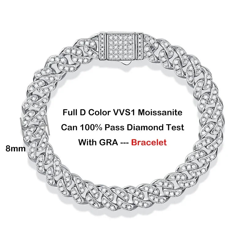 EWYA Full Moissanite Cuban Neck Chain Necklace for Men Women 8mm S925 Silver Plated 18K Hip Hop Pass Diamond Test Link Necklaces