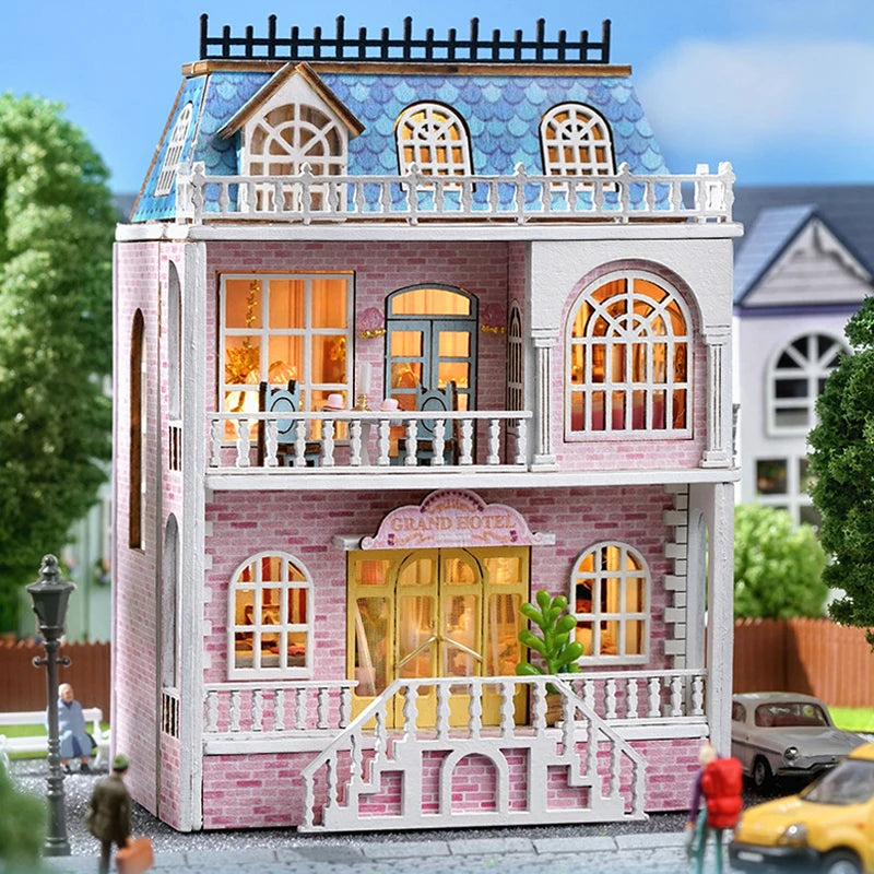 Diy Mini Wooden Dollhouse With Furniture Light Doll House Casa Assembly Model Pink Princess Villa Architecture Kit Toys Birthday