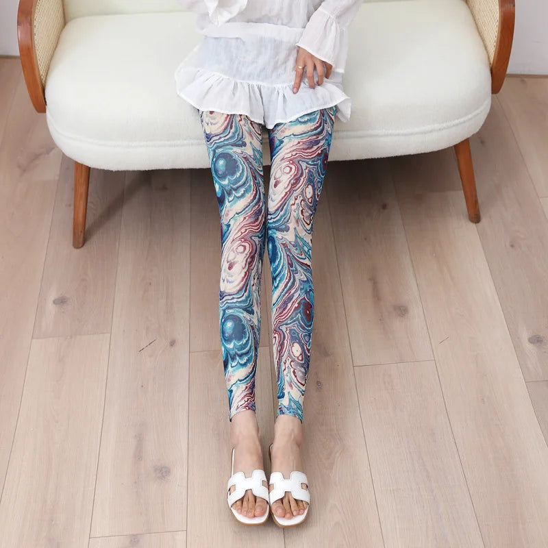 Women Trendy and Fashionable Printed Mesh Leggings, Ice Silk Flower Cartoon Shorts,Sexy Girl Fitness Elastic Pants