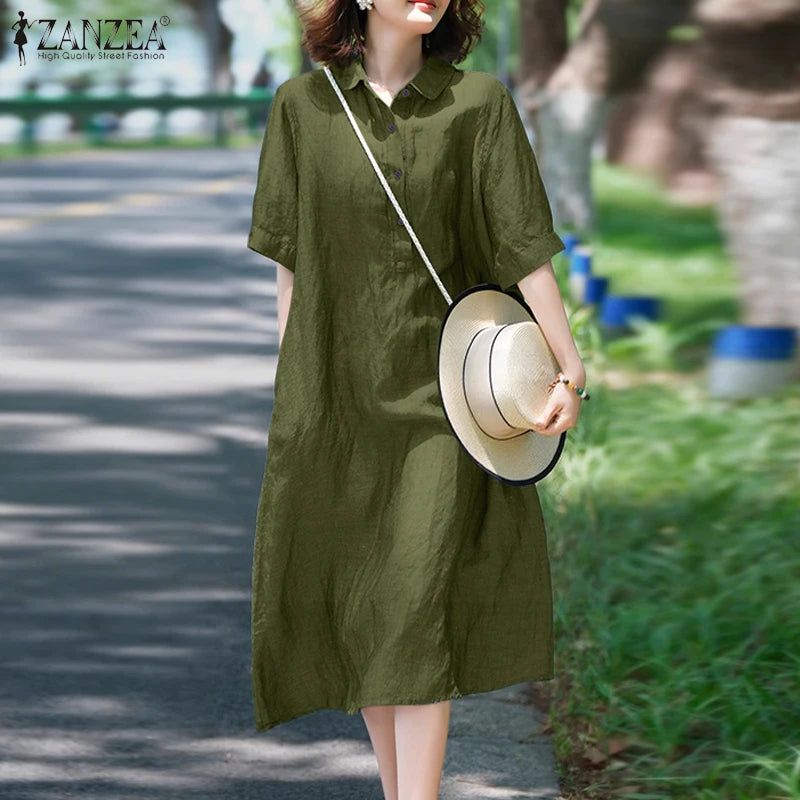 ZANZEA Women Fashion Shirt Dress 2025 Summer Sundress Lapel Neck Short Sleeve OL Work Dresses Casual Buttons Midi Vestidos Robe