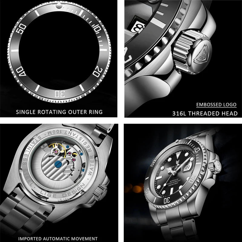 LIGE Top Brand Luxury Mechanical Man Watch Fashion Casual Sports Automatic Watches for Men Stainless Waterproof Tourbillon Clock