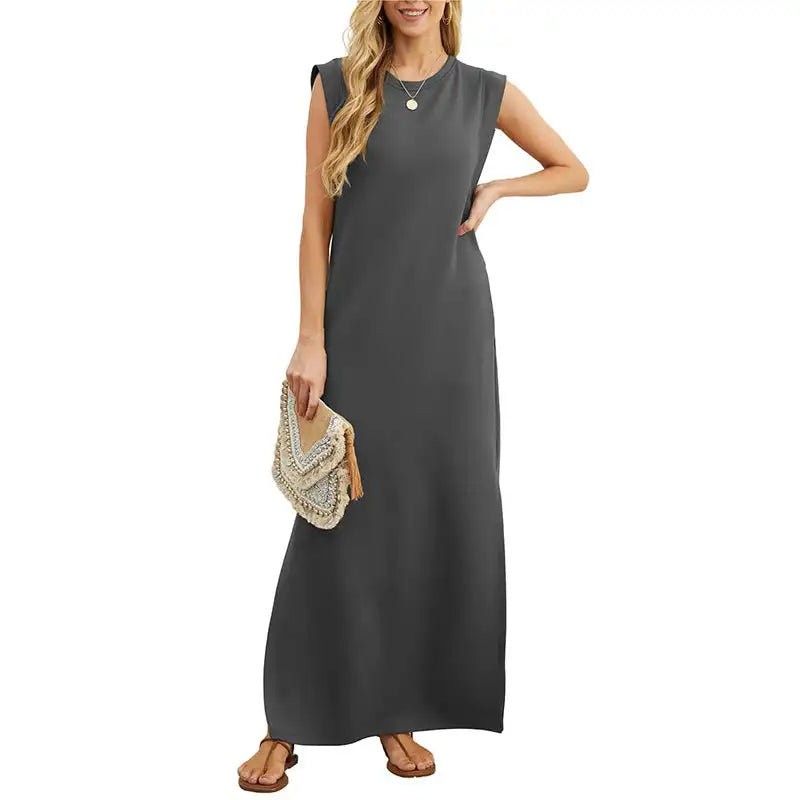 Women's Summer Casual Loose Sundress Long Dress Sleeveless Round Neck Split Tshirt Maxi Dresses Wrinkle-Free with Pocket