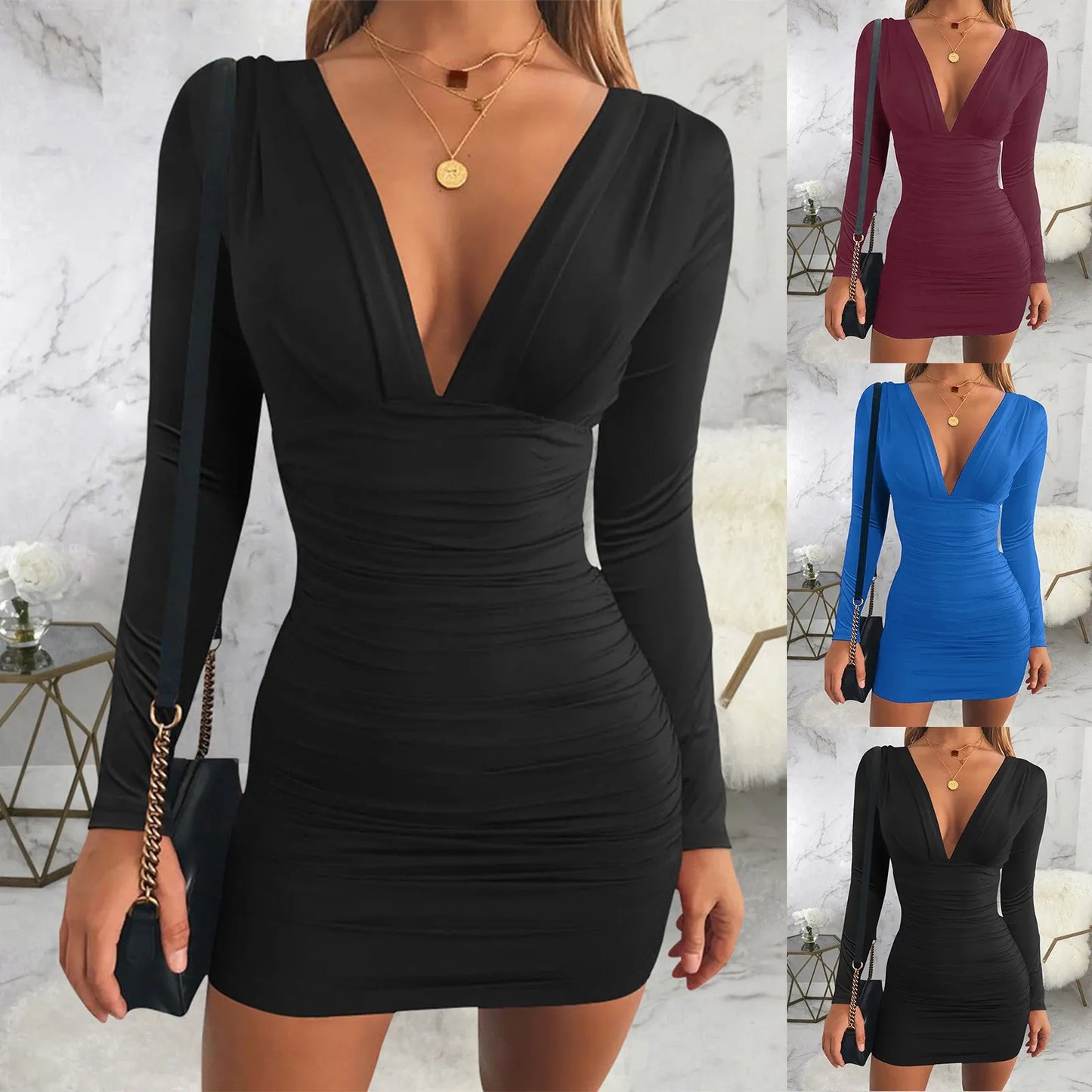 Sexy Deep V Long Sleeve Dresses Women Solid Color Elegant Bodycon Mini Dress Tunic Hip Wrapped Ruched Spng Summer Party Dresses