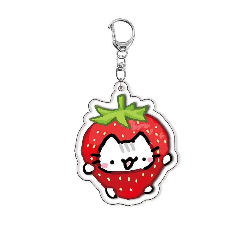 Lovely Pet Kitten with Flower Keychains Cartoon Strawberry Cat Keyring Creative Backpack Pendant Key Chain Fans Friends Gifts