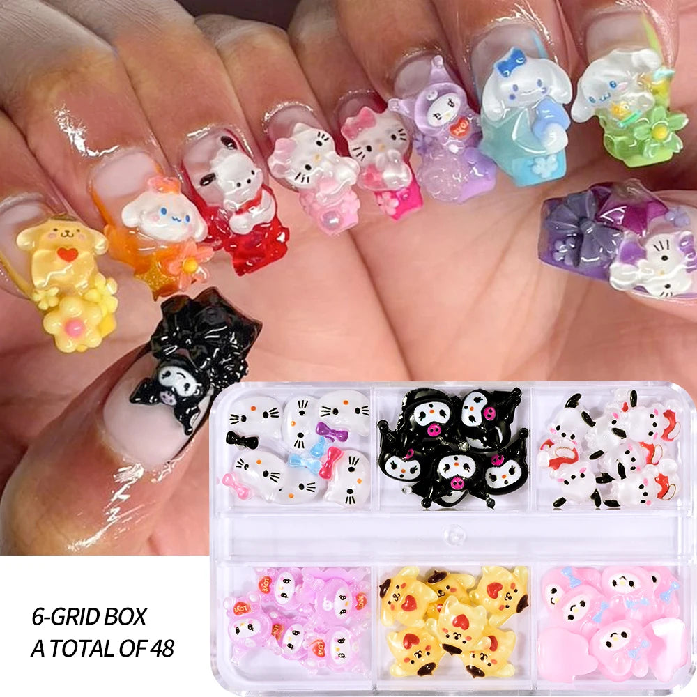 12Grids Summer Black Skin Hello Kitty Nail Charms 3D Pink Bows Hello Kitty Nail Art Rhinestone Cute Cartoon DIY Nail Accessories