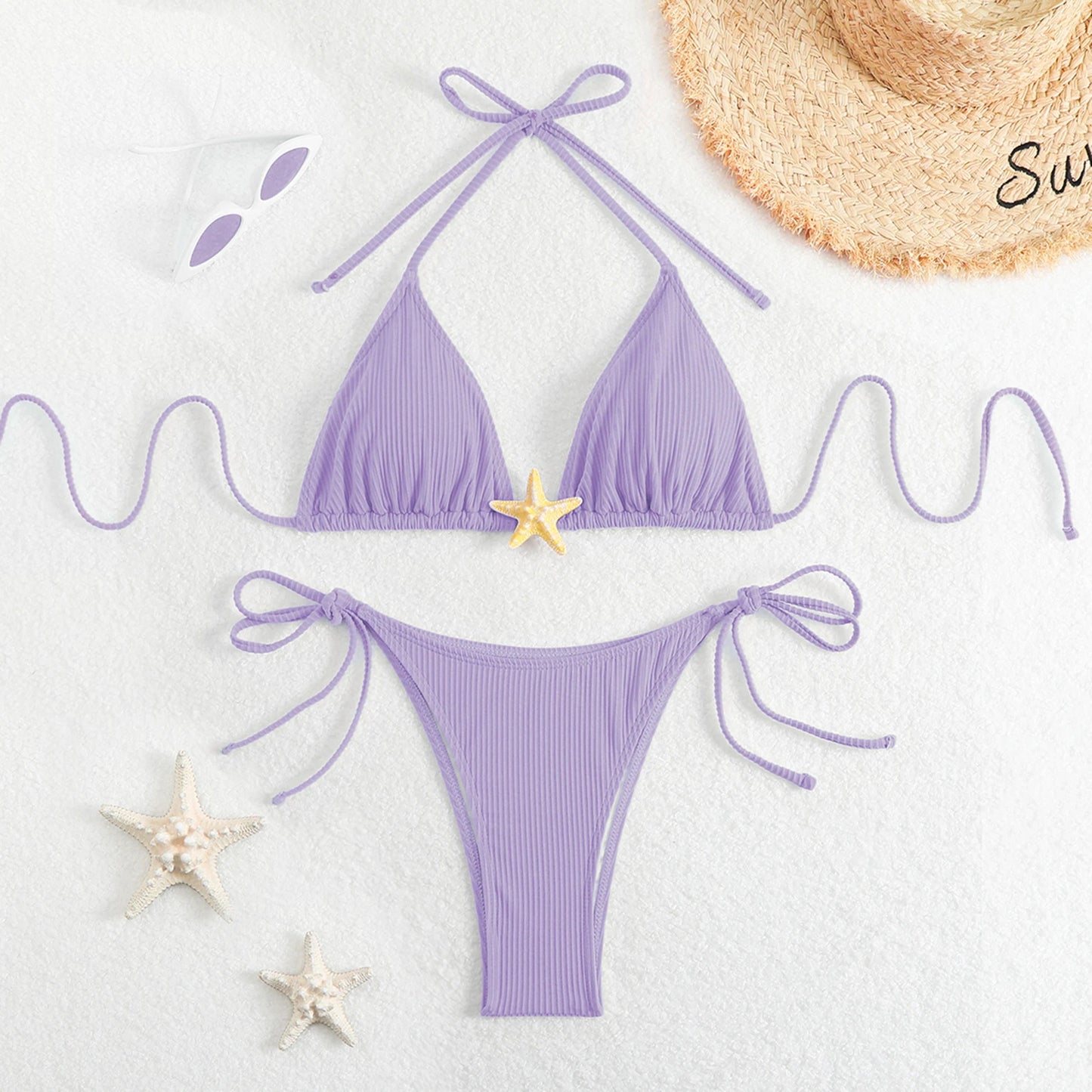 Yiiciovy New Women Push Up Swimwear 2 Piece Bikini Set Starfish Sexy Halter Bandage Beachwear Bathing Suits for Beach Pool