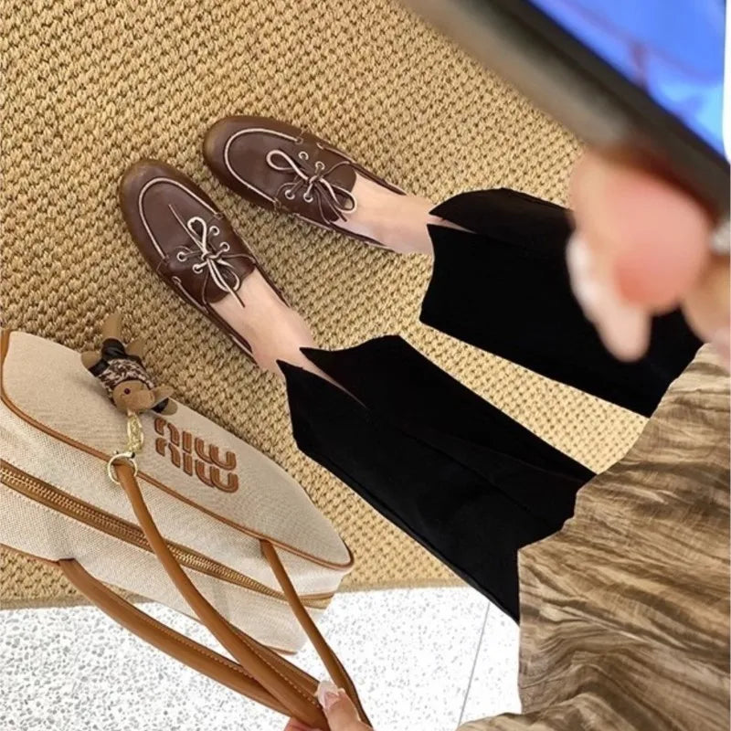 Women's Loafers Shoes Genuine Leather High Quality Round Toe Soft Bottom Flat Shoes Lace Up Breathable Ladies Casual Shoes 2025