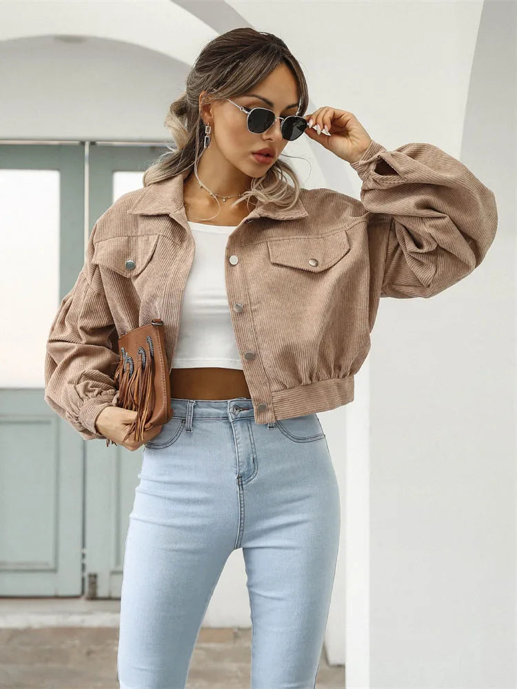 2023 Corduroy Short Jacket Women Loose Tops Spring Autumn Turndown Collar Lantern Sleeve Casual Coat Lady Streetwear Outerwear