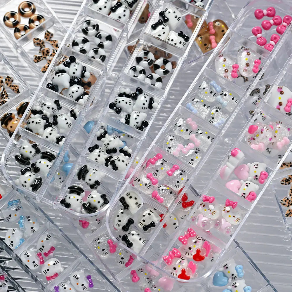12Grids Summer Black Skin Hello Kitty Nail Charms 3D Pink Bows Hello Kitty Nail Art Rhinestone Cute Cartoon DIY Nail Accessories