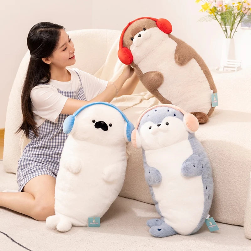 High Quality Genuine Kawaii Cartoon Sea Creature Otter Plush Doll Pillow Headset Blue Seal Otter Stuffed Animal Birthday Gift