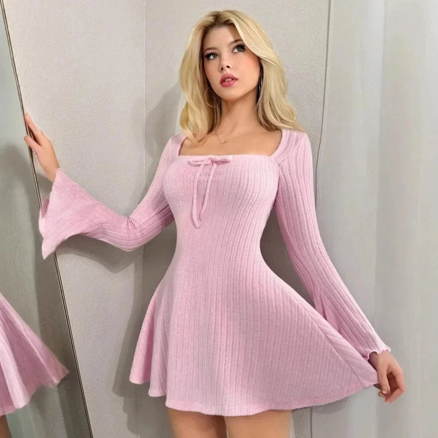 Autumn Winter New Style Women's Long Sleeve Square Collar Slim Fit A- Line Dress Empire Waist Mini Skirt Fashionable Dress