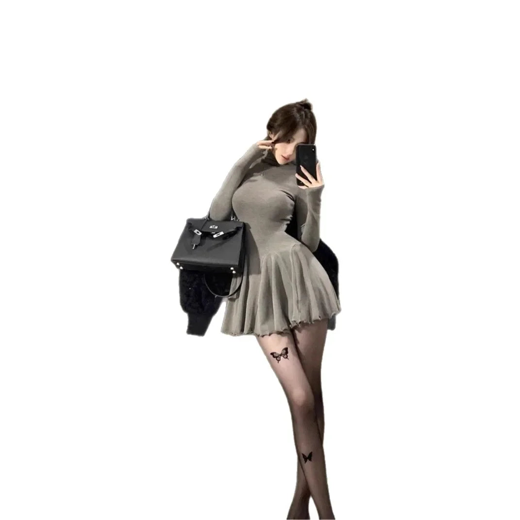 Slimming High Collar Long Sleeve Women's Dress Empire Waist Mini Skirt Base Layer Skirt Puffy Dress Fashionable Autumn New Arriv