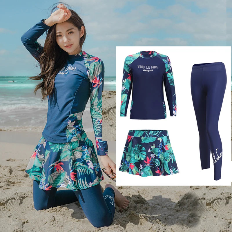 Women's 3pcs/set Printed Long Sleeve Rashguard UV Sun Protection Surf Shirt With Pants Shorts Full Body Bathing Suit Dive Skin