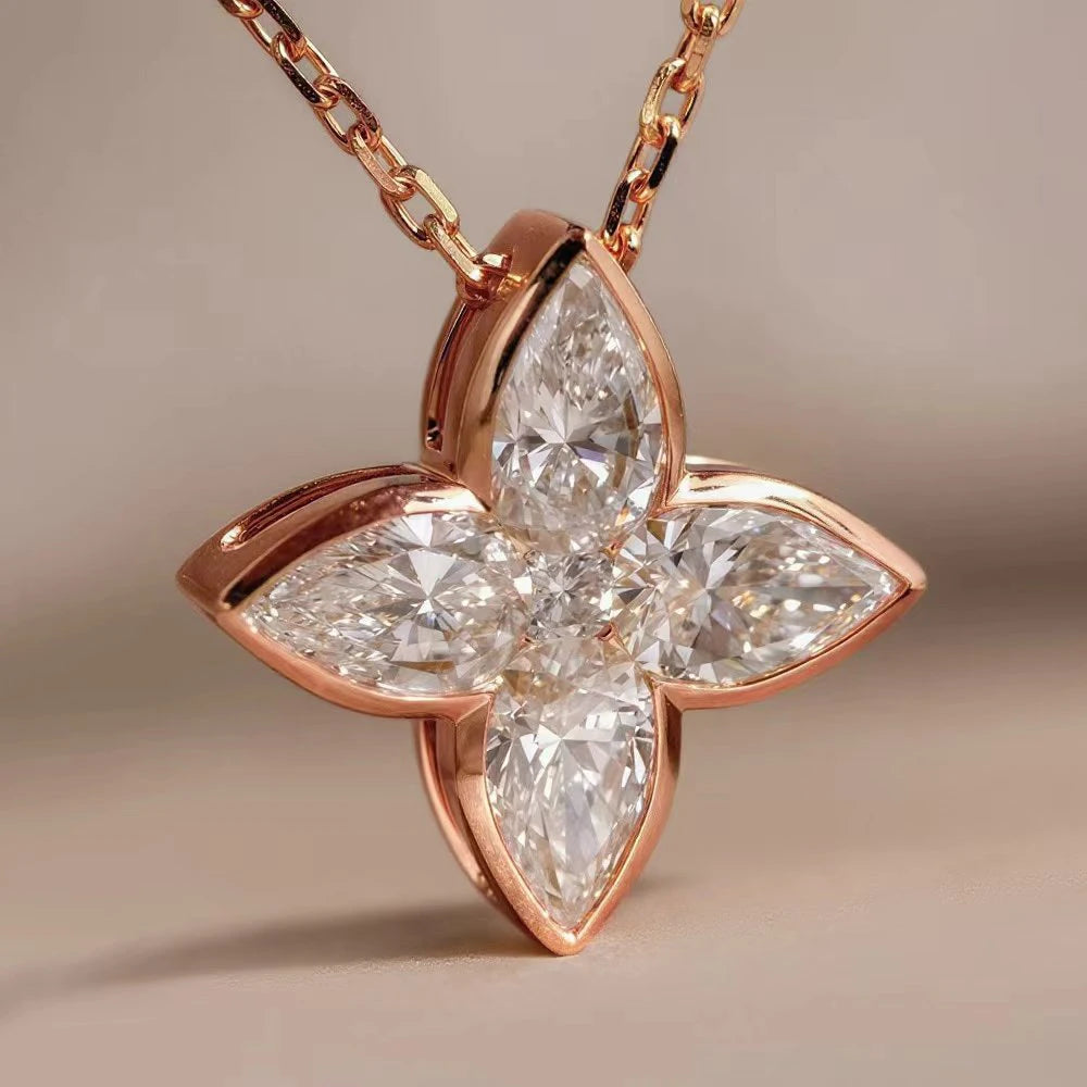 Bezel Set Full Moissanite Flower Pendant Necklace for Women Sparkling Pear Cut Diamond Pendant S925 Silver Wedding Party Jewelry