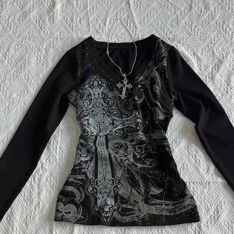 レディース ヒップホップ 90年代 ヴィンテージ パンク Tシャツ 秋 ストリートウェア セクシー ショートスリーブ ゴシック スリム クロップトップ ホットガール カジュアル フェム Tシャツ y2k