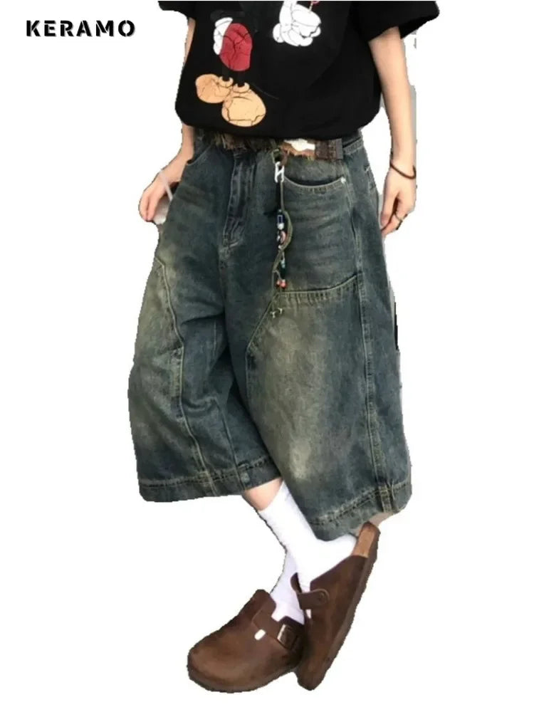 Y2K Harajuku High Street Calf-Length Pants High Waist Street Style Baggy Jean For Women Casual Loose Fit Blue Denim Shorts