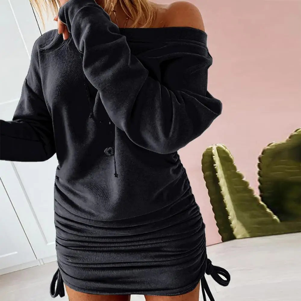 Women Sweater Dress Long Sleeve One Shoulder Drawstring Bodycon Ladies' Autumn Winter Dress Pleated Sexy Hip Hugging Dress