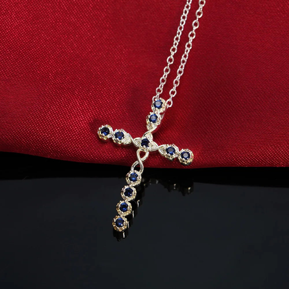 925 Sterling Silver Blue Zircon Cross Aesthetic Necklace For Women Elegant Vintage Jewelry Wholesale Jewellery Argent 925