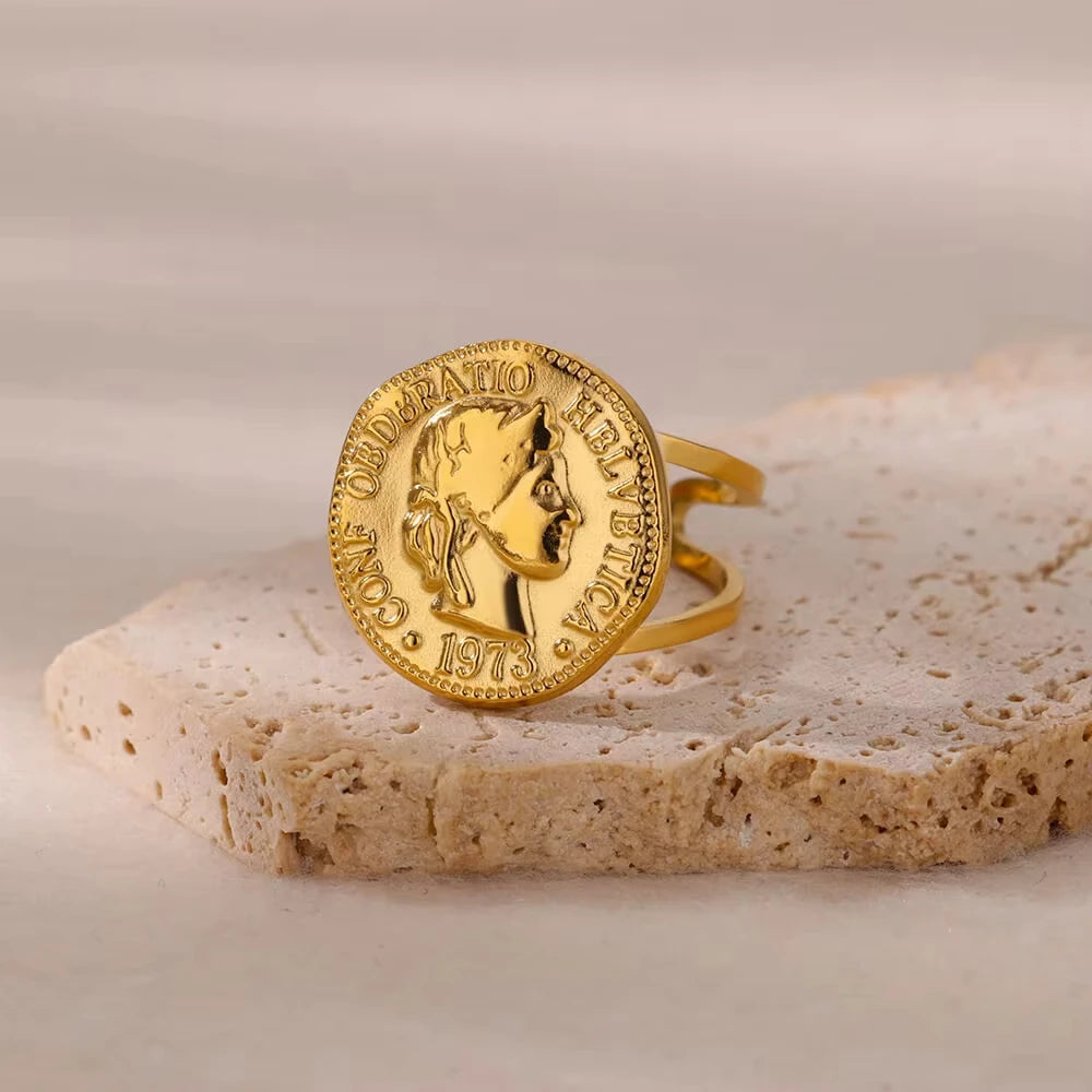Vintage Ancient Greek Arethusa Goddess Coin Rings For Women Imitation Pearl Zircon Moon Stainless Steel Ring Fashion Jewelry