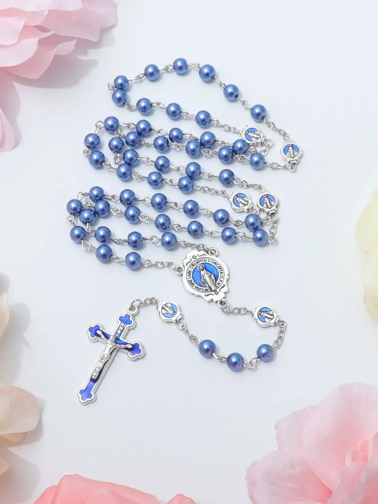ブルーロザリオネックレス レディース メンズ 祈りビーズ ロングチェーン 宗教的 聖母マリア 十字架ペンダント メンズ パーティー ジュエリー ギフト