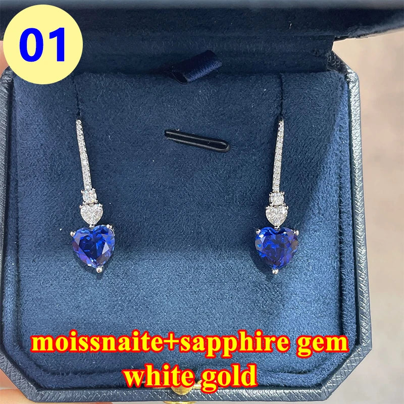 Full Moissanite D Color Diamond Stud Blue Lab Grown Sapphire Women's Earrings 925 Silver 18K White Gold Moissanite for Women