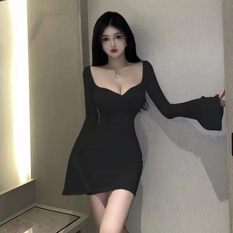 Women's Long Sleeve Ruched Bodycon Dresses Bell Sleeve Sexy Square Neck LowCut Cocktail Club Party Mini Short Dress