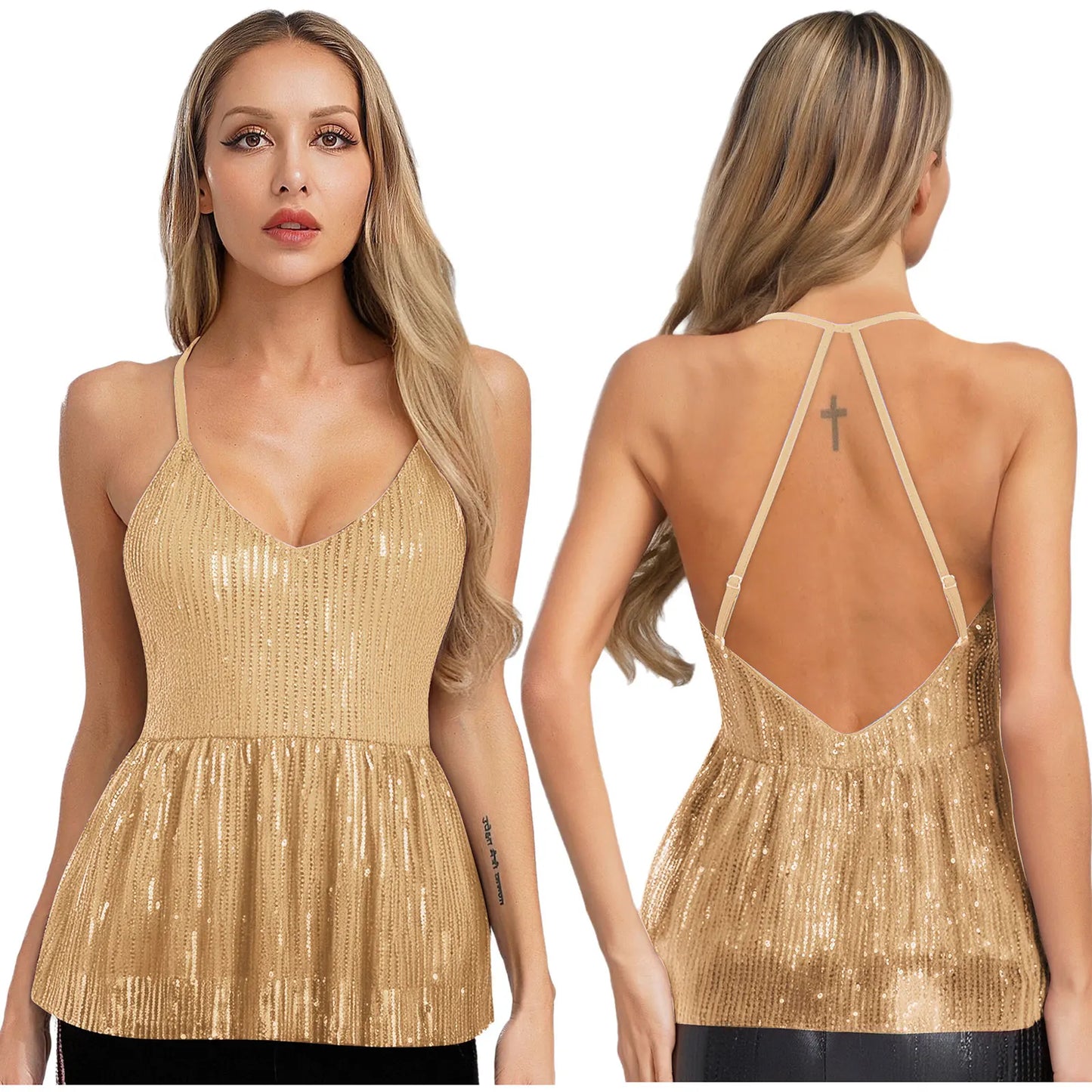 Women Sequin Tank Top Sparkling Slim Fit Blouse V Neck Cross Spaghetti Straps Open Back Ruffle Hem Vest Sparkle Slim Fit Cami