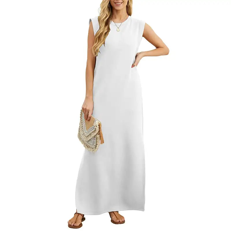 Women's Summer Casual Loose Sundress Long Dress Sleeveless Round Neck Split Tshirt Maxi Dresses Wrinkle-Free with Pocket