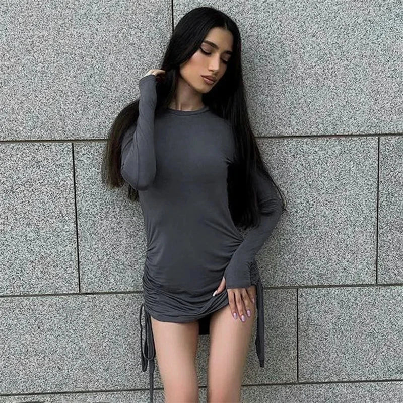 Y2k Summer Fashion Sexy Party Vestidos Ruched O Neck Long Sleeve Bodycon Dress Women Drawstring Bandage Mini Dresses