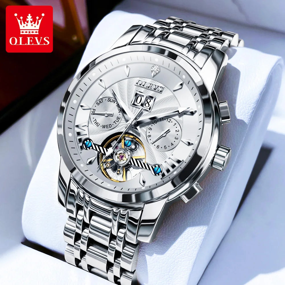OLEVS Brand Fashion Blue Mechanical Watch for Men Stainless Steel Waterproof Luminous Calendar Luxury Tourbillon Watches Mens