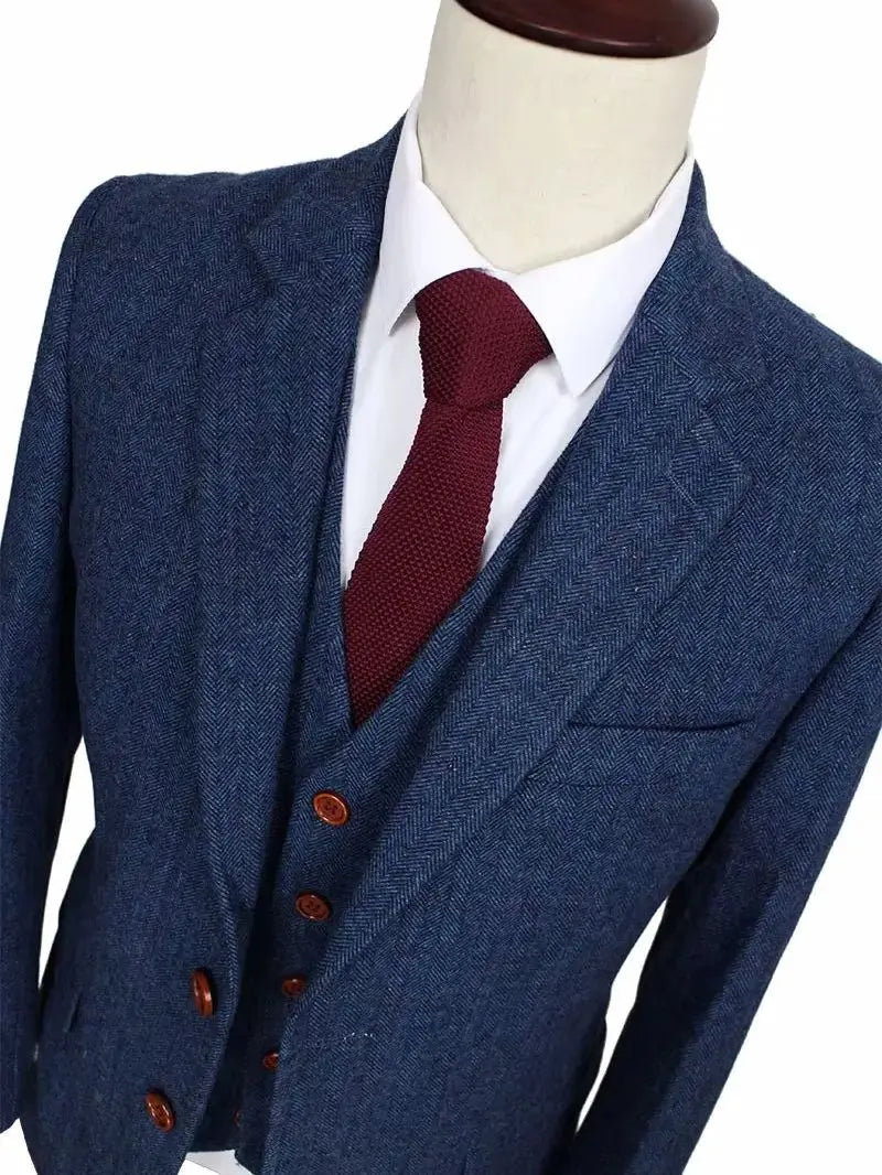 Wool Blue Herringbone Retro Gentleman Style Custom Made Men's Suits Tailor Suit Blazer Suits For Men 3 piece (Jacket+Pants+Vest)