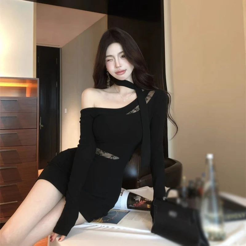 Women Slant Collar Strapless Asymmetric Long-sleeved Dress Korean Lace Splicing Sexy Mini Dress Black