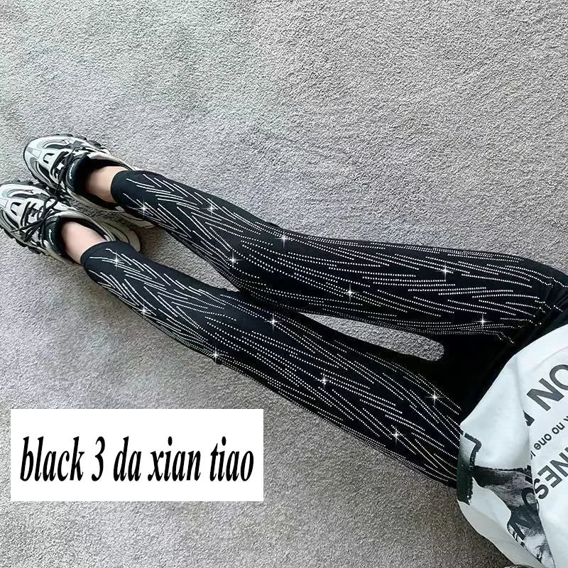 Xpqbb Black Stretch Rhinestone Skinny Leggings Women Autumn Winter Thick Velvet Ankle-Length Pants Tide Elasticit Shinny Legging