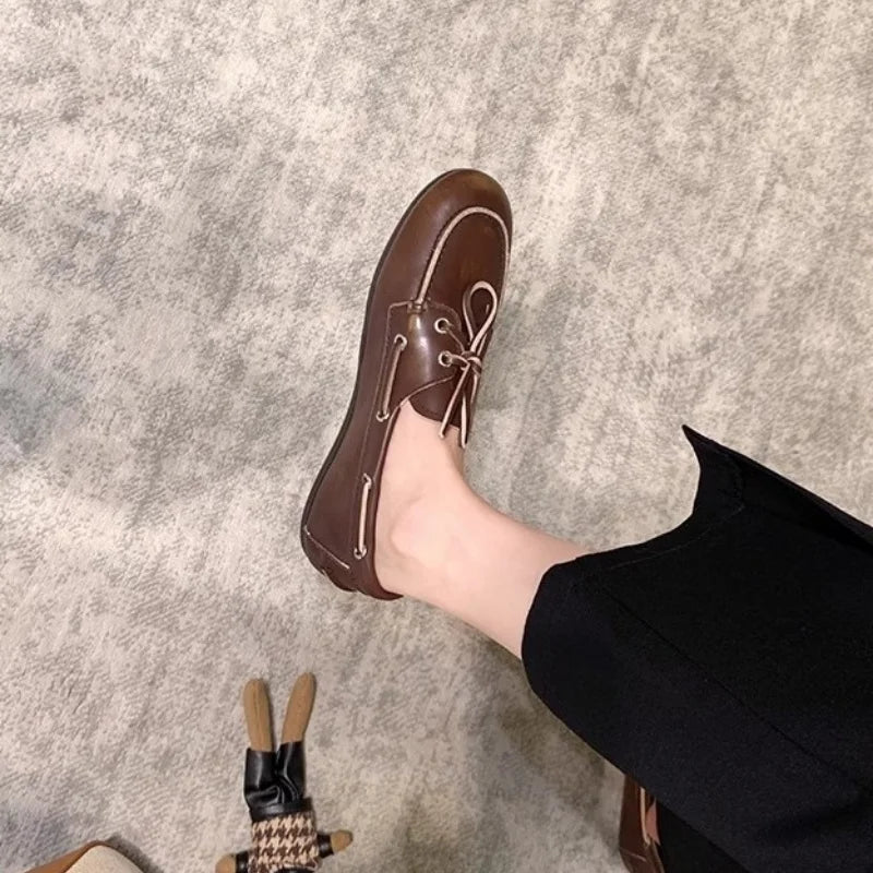 Women's Loafers Shoes Genuine Leather High Quality Round Toe Soft Bottom Flat Shoes Lace Up Breathable Ladies Casual Shoes 2025