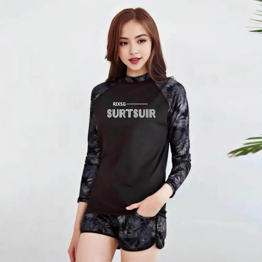 2 Pcs Couple Sport Swimsuit Breathable Leaf Print Long Sleeves Couple Surfing Clothes Diving Bathing Suit Water Sport Swimwear
