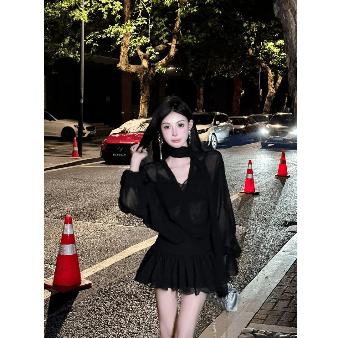 Gray Sash Cross V-Neck Long Sleeve Dress Women Early Autumn Elegance Chiffon Mini Skirt Ladylike Wind A- Line Skirt