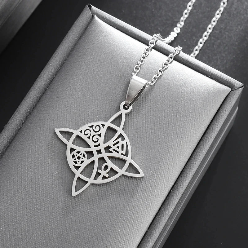 Witch Knot Necklace Stainless Steel Magic Knot Pagan Witchcraft Symbols Pendant Celtic Knot Necklace Jewelry Gifts for Women