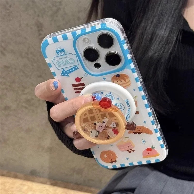 Luxury Cute Waffle Cake Magsafe Wireless Charge Case For iPhone 13 14 15 16 Pro Max Funny Cartoon Waffle Shake Magnetic Holderr
