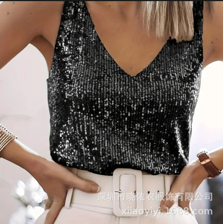 Women Vest Top Sequin Sexy Tops Vests Sleeveless V Neck Backless Camis Elegant Splice Casual Streetwear 2025 Fashion Tanks
