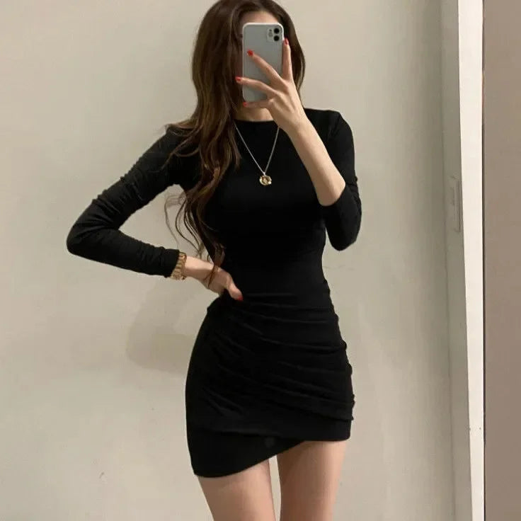 Korean Style Autumn Winter Tea Series Pleated Long Sleeve Bodycon Mini Dress Slimming Tight Fit Women's Fashion Dress