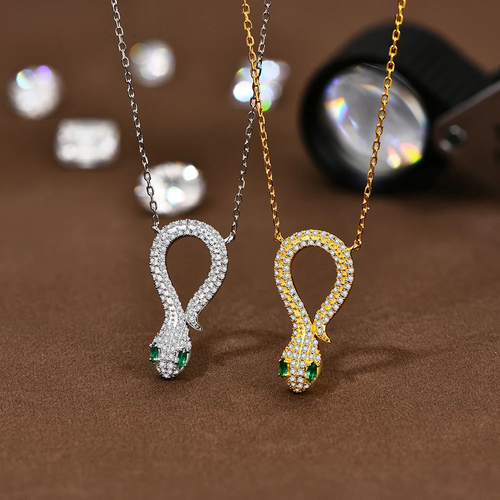 CHARMING Original Snake Moissanite Pendant Necklace Lab Diamond 925 Sterling Silver Luxury Plated Gold Snake Necklace Jewelry